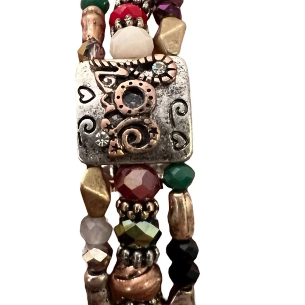 GORGEOUS MULTI-STRAND STRETCH BRACELET BEADS CRYSTALS JOY METAL SQUARES NWOT‎